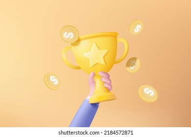 3d celebrate winners with golden cup and money coin, prize winners stars in holding hand. Award ceremony with 3d icon cup. 3d trophy icon vector render illustration isolated on yellow background