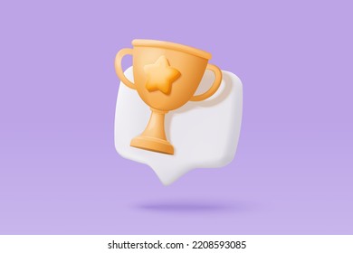 3d celebrate winners with golden cup, prize winners stars in bubble. Award ceremony 3d concept on pedestal with cartoon style. 3d trophy congratulations icon vector render illustration