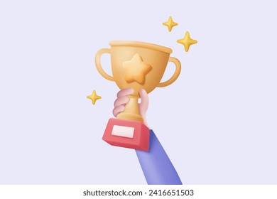 3d celebrate winners with golden cup, prize winners stars in holding hand. Award ceremony concept on pedestal with cartoon 3d style. 3d trophy award icon vector render illustration on background