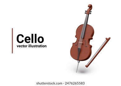 3D cello and bow on white background. Stringed musical instrument