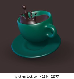 3D ceramic cup with splash of coffee or hot chocolate in motion. Falling porcelain mug on brown background. Green cup of hot drink on plate. Vector illustration.