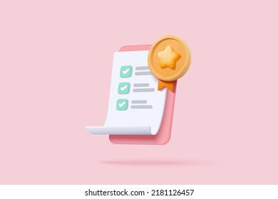 3d certificate or award icon with stamp and ribbon bow quality concept. 3d white clipboard task management todo check list with stamp, work on project plan concept. 3d vector render on pink background