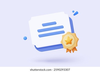 3d certificate or diploma icon with medal and ribbon bow. White clipboard task management todo check list in preschool, prize on project plan concept. 3d graduation icon vector render illustration