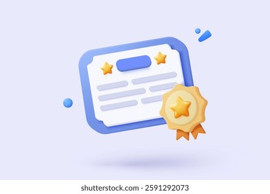 3d certificate or diploma icon with medal and ribbon bow. White clipboard task management todo check list in preschool, prize on project plan concept. 3d graduation icon vector render illustration