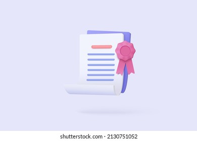 3d certificate or diploma icon with stamp and ribbon bow isolated background. White clipboard task management todo check list, work on project plan concept. 3d vector render on white background