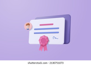 3d certificate or diploma icon with stamp and ribbon bow isolated background. White clipboard task management todo check list, work on project plan concept. 3d vector render on white background