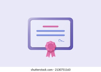 3d certificate or diploma icon with stamp and ribbon bow isolated background. White clipboard task management todo check list, work on project plan concept. 3d vector render on white background