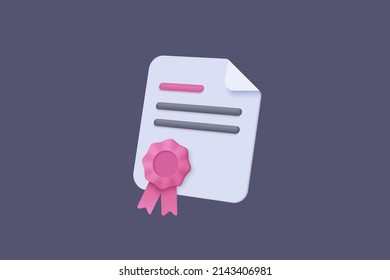 3d certificate or diploma icon with stamp and ribbon bow isolated background. White clipboard task management todo check list, work on project plan concept. 3d vector render on dark purple background