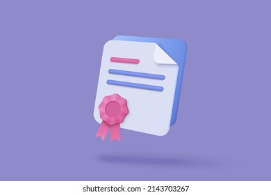 3d certificate or diploma icon with stamp and ribbon bow. White clipboard task management todo check list, work on project plan. 3d certification license vector render for education and business 