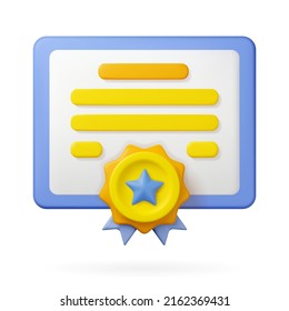 3d certificate diploma icon. Vector render achievement document illustration, isolated on a white background.