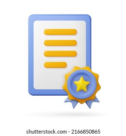 3d certificate diploma icon. Vector render achievement document illustration, isolated on a white background. Vertical letter design