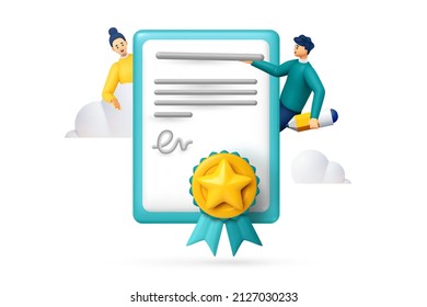 3d certificate or diploma stamped with medal Quality guarantee, quality mark certificate or patent, teamwork on certificate man and girl. vector 3d render illustration 