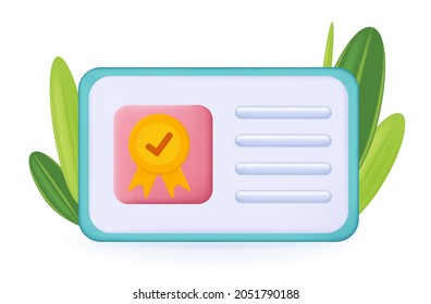 3d certificate or license. Medal with check mark of approval, ribbon. Professional document confirming the best qualifications. Diploma, award, grant, award of the highest degree of the winner. Vector