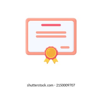 3d certificate realistic icon vector illustration design. Achievement, award, grant, diploma concepts. 3d vector illustrations