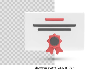 3D Certificate With Red Ribbon And Stamp Badge, Official Diploma Or Award Document On Transparent Background. Vector Illustration.