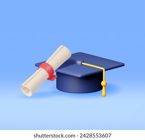 3D Certificate with Stamp and Graduation Cap. Render White Diploma with Badge and Education Hat. Diploma or Accreditation. Goal and Achievement. Business Graduation Concept. Vector Illustration