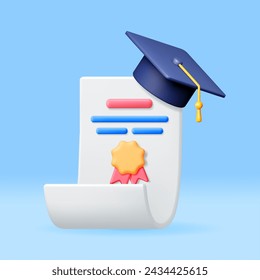 3D Certificate with Stamp and Graduation Cap. Render White Diploma with Badge and Education Hat. Diploma or Accreditation. Goal and Achievement. Business Graduation Concept. Vector Illustration