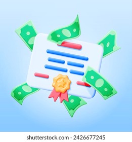 3D Certificate with Stamp and Money Isolated. Render White Diploma with Badge and Dollars. Diploma or Accreditation. Voucher or Invitation. Business Graduation Grant. Vector Illustration