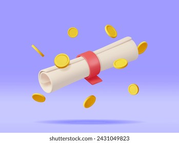 3D-Zertifikat mit Stempel und Geld isoliert. Render White Diploma mit Abzeichen und Dollars. Diplom oder Akkreditierung Gutschein oder Einladung. Business Graduation Grant. Vektorgrafik