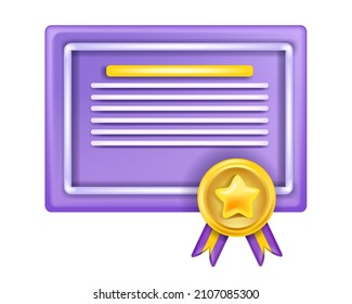 3D certificate, vector education diploma icon, winner voucher award, study achievement document. Success medal, course grant, academy graduation qualification blank. 3D exam degree certificate