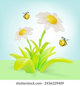 3d Chamomile Flower in Bloom with Flying around Bees Insects Spring Concept Cartoon Style. Vector illustration