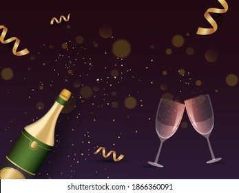 3D Champagne Bottle With Cheers Glasses And Golden Curl Ribbons On Purple Background.