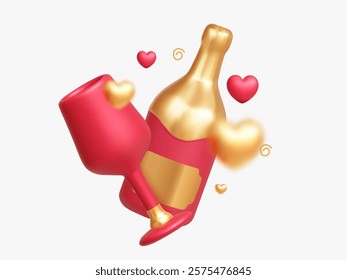 A 3D champagne bottle with glasses, surrounded by golden and red hearts. For celebrations and romantic events