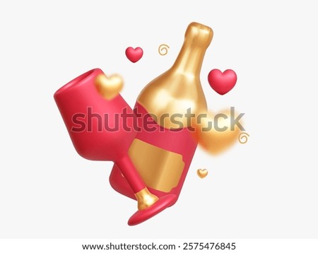 A 3D champagne bottle with glasses, surrounded by golden and red hearts. For celebrations and romantic events