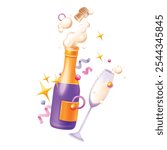 3D champagne bottle wine glass, vector holiday celebration concept, open sparkling beverage clipart. New Year party alcoholic drinks, confetti, bubbles, stars birthday gift card. 3D champagne design