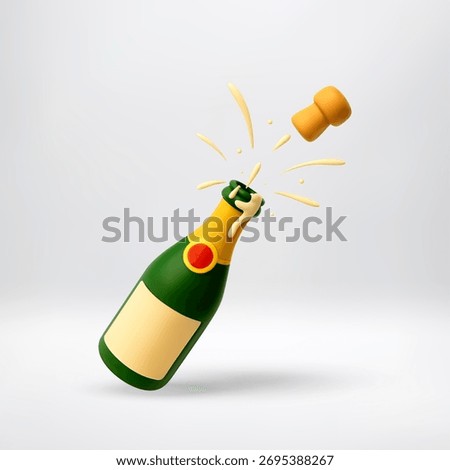 3D Champagne cork explosion with festive bubbles popping from a green bottle. Celebration and holiday toast concept for New Year Eve or special occasion. Vector illustration