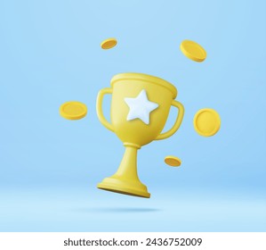 3d Champion trophy, gold cup and money coin icon. Winner prize, sport award, success concept. 3d champions rewards ceremony concept with ranking style. 3d rendering. Vector illustration