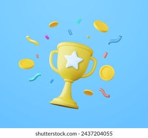 3d Champion trophy, gold cup and money coin and confetti icon. Winner prize, sport award, success concept. 3d champions rewards ceremony concept with ranking style. 3d rendering. Vector illustration