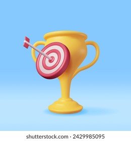 3D Champion Trophy with Target Isolated. Render Gold Cup and Dartboard Icon. Gold Trophy for Competitions. Award, Victory, Goal, Champion Achievement, Prize, Sports Award, Success. Vector Illustration