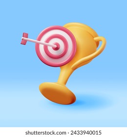 3D Champion Trophy with Target Isolated. Render Gold Cup and Dartboard Icon. Gold Trophy for Competitions. Award, Victory, Goal, Champion Achievement, Prize, Sports Award, Success. Vector Illustration