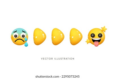3D Change of depressed face to joyful face emoticon, emotional development, managing emotion and stress, mental health concept, Vector illustration.