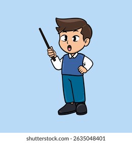Caractere 3D de um menino segurando um ponteiro, adequado para visuais educativos e de apresentação.