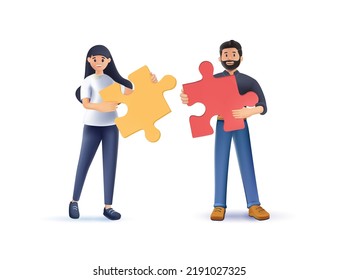 3D character Business illustration vector. Team metaphor, cooperation. People connecting puzzle elements. Vector illustration 3D design style. Teamwork, cooperation, partnership illustration vector