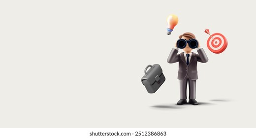 Carácter 3D de un hombre de negocios, binoculares, objetivo y bombilla. Anuncio para conceptos de gestión, gobernanza, negocios, marketing y liderazgo. Ilustración vectorial.