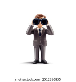 3D character of a businessman in a suit looking through binoculars. icon Stylish modern image of a businessman for business concepts, development, and project perspective. Vector illustration.