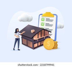 3D Character Buying Mortgage House Agenda with Real Estate Agent. People Invest Money in Real Estate Property. House Loan, Rent and Mortgage. 3D render Vector Illustration