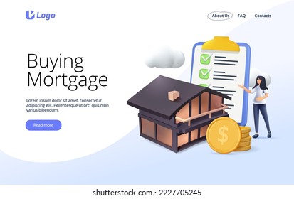 3D Character Buying Mortgage House, Real Estate Agent. People Invest Money in Real Estate Property. House Loan, Rent and Mortgage Concept. 3D render Vector Illustration free to edit
