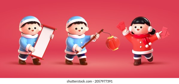 3d character design of cute Asian kids in winter dressing. The objects they are holding are blank scroll, red lantern and red envelopes. Suitable for Chinese new year decoration.