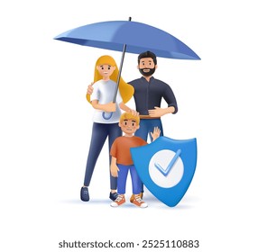 Design de personagem 3D da família com pai, mãe segurando guarda-chuva e menino alegre com escudo para a vida familiar com proteção de seguro, ilustração Vetor