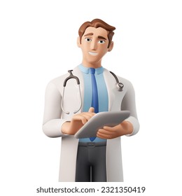 3d character of a doctor in a white coat, shirt, tie with a stethoscope holding tablet. Vector illustration eps10