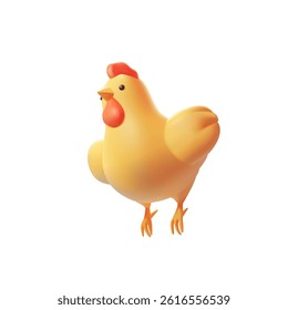 3D character of a flying, jumping chicken on a white background. For design concepts of advertising materials of poultry farming, farm, and village. Vector illustration.