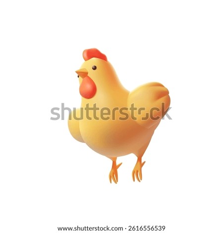 3D character of a flying, jumping chicken on a white background. For design concepts of advertising materials of poultry farming, farm, and village. Vector illustration.