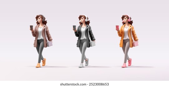 Carácter 3D de las niñas en ropa de colores. Las chicas de moda con estilo con café y auriculares están caminando. Hermosa Imagen para conceptos publicitarios, Diseño web, moda, ventas. Ilustración vectorial.