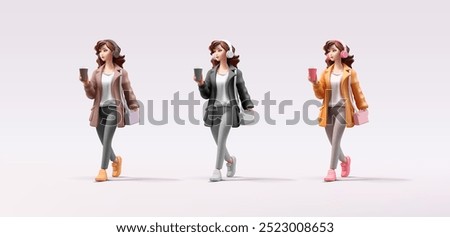 3D character of girls in colored clothes. Stylish fashion girls with coffee and headphones are walking. Beautiful image for advertising concepts, web design, fashion, sales. Vector illustration.