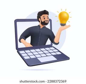 3D character Inspiration idea to inspire or motivate people to success, business innovation or creativity, solution or invention concept. Vector illustration man hold light bulb. 3D render vector