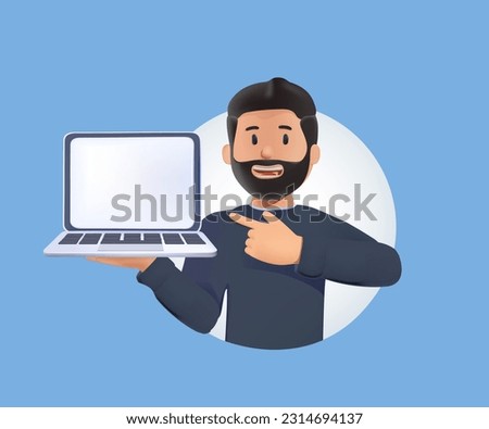 3D character with laptop. Young smilin man holding and pointing at blank screen laptop computer. 3D computer Mockup. Distance and e-learning education concept. 3d vector people character illustration